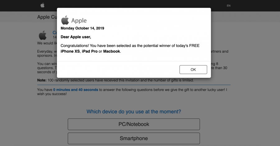 The site is showing fake information about prizes given away for using Apple products to collect personal information.