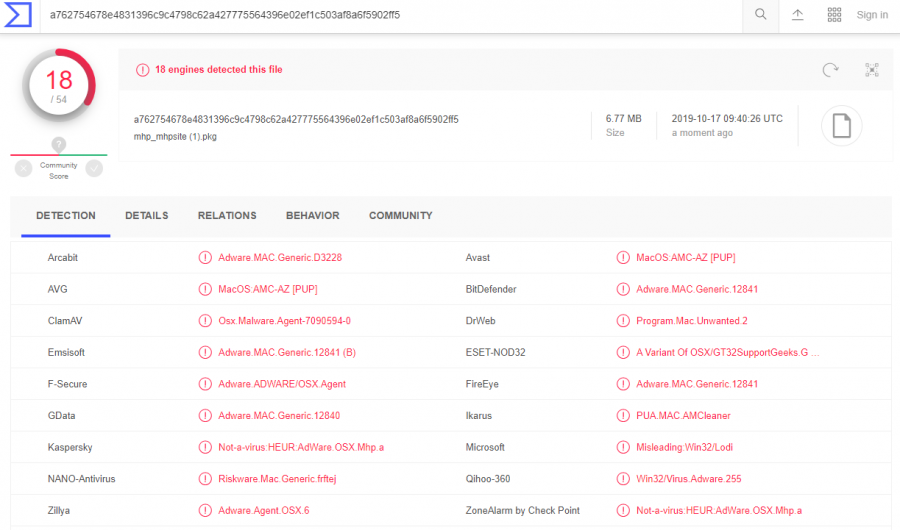 The installation package mhp_mhpsite.pkg from http://machealpro.com is detected by 18 AV engines