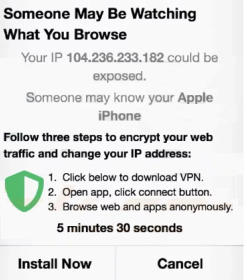 Bestantius.com provides a scam message that urges to secure browsing sessions by downloading a VPN app via the "Install Now" button