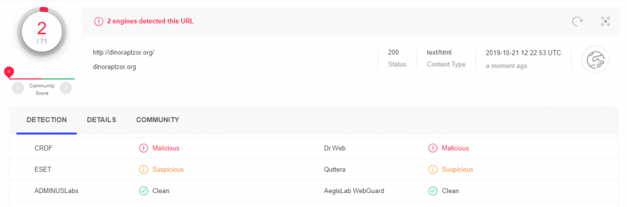 Dinoraptzor.org is detected by several AV vendors as malicious or suspicious
