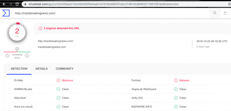 trackbreakingnews.com domain has been detected as malicious by two AV engines