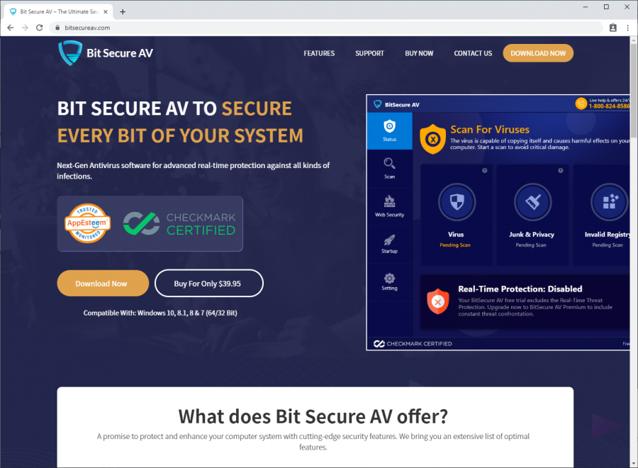 Bitsecureav.com shows fake badges of AppEsteem and Checkmark certifications without providing evidence that these certifications are valid