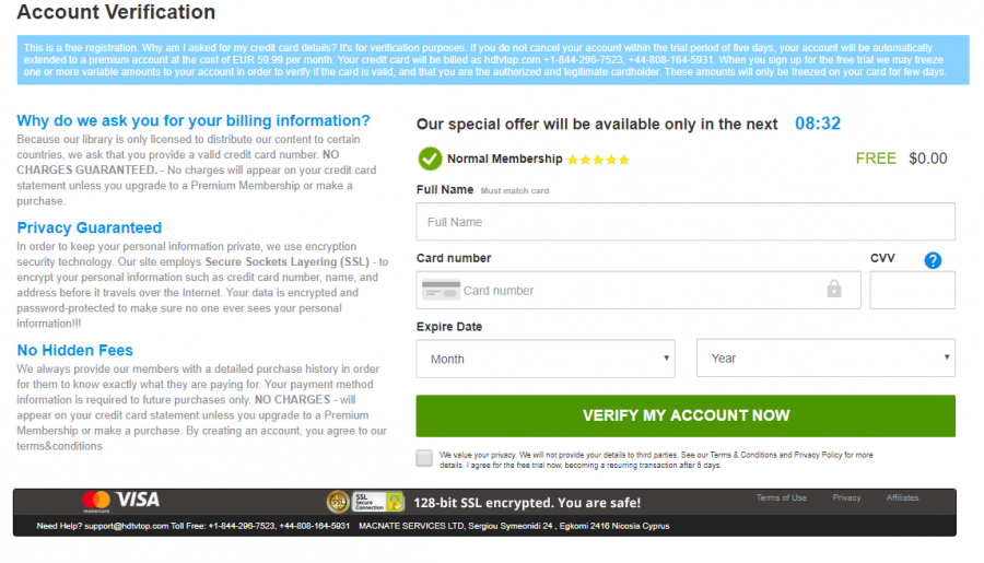 The site redirects to a free streaming landing page that asks for credit card information before users are able to finish the registration process