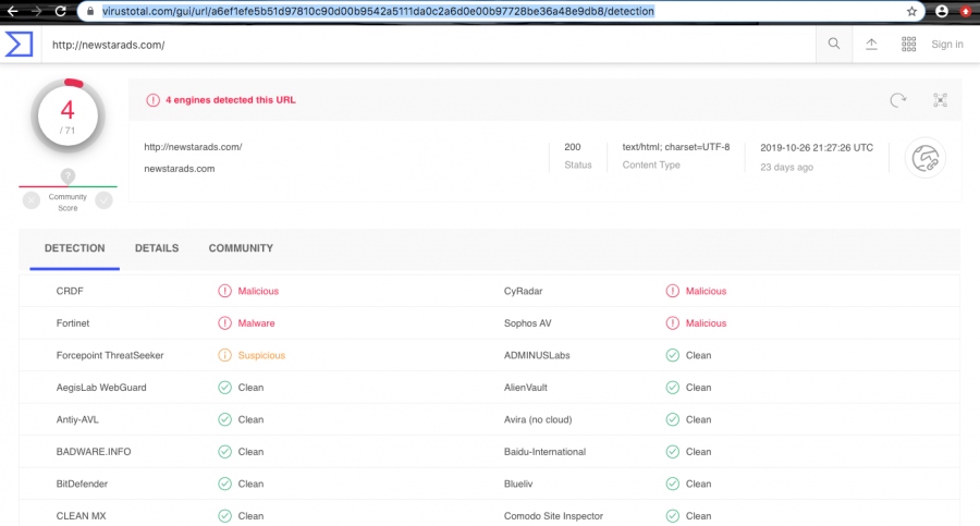The site is detected as malware by AV engines