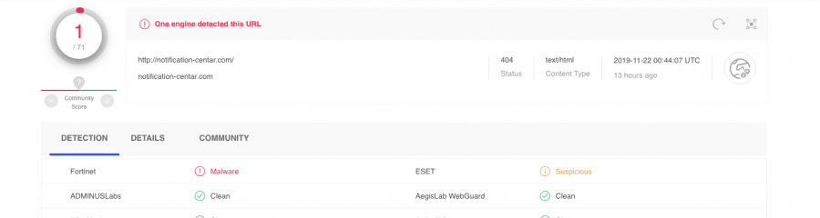 The URL is reported by VirusTotal as malicious
