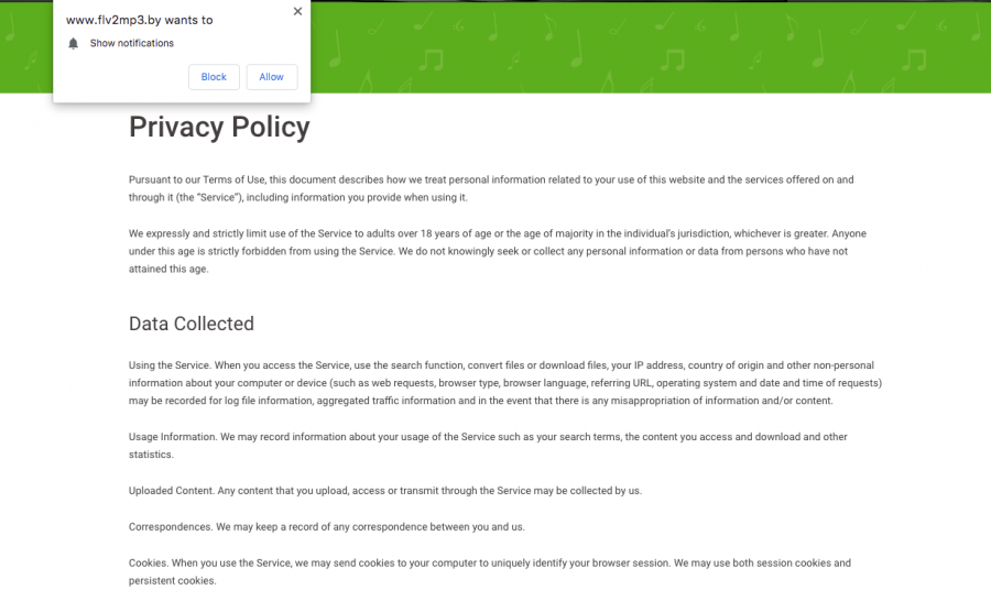 The app's Privacy Policy claims that users' browsing data is recorded while using the services