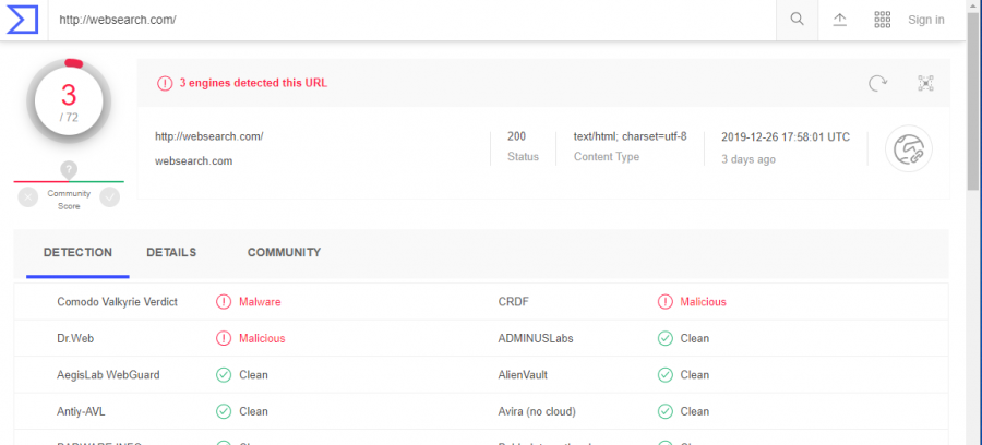 The domain has been signed as malicious by some AV engines, according to VirusTotal information