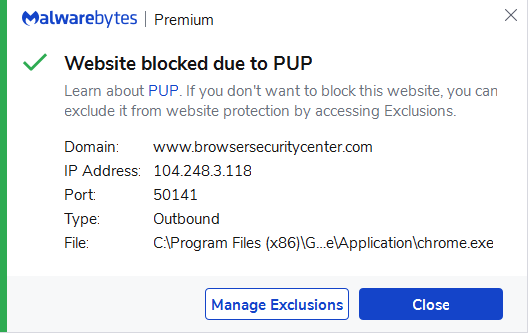 The questionable domain has been listed as a PUP by Malwarebytes Antimalware