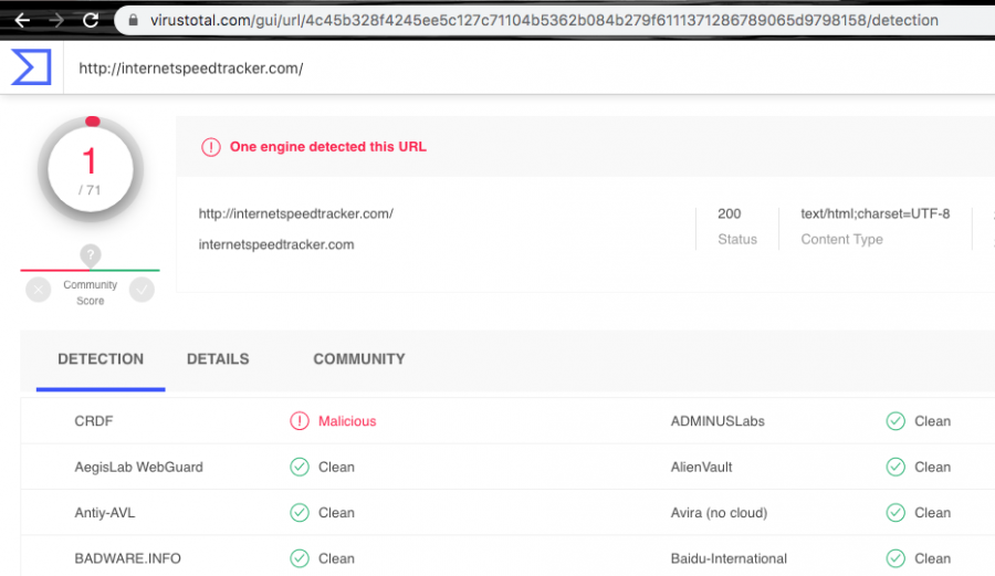 The browser hijacker has been detected as malicious by CRDF AV engine