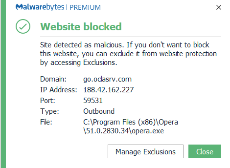 The rogue domain has been detected as malicious by Malwarebytes Antimalware