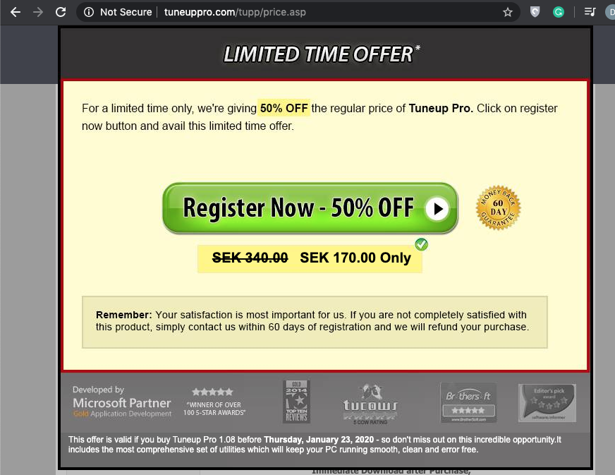 The page shows additional pop-ups, deals to trick users into buying the software