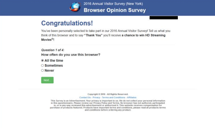 The site shows fake customer surveys and other forms where the user need to put personal information. This is a misleading method of data collecting