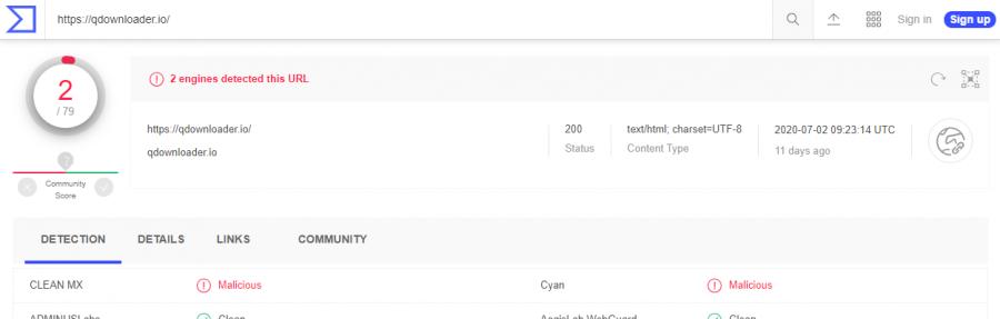 qdownloader.io is detected as malicious by at least two security vendors